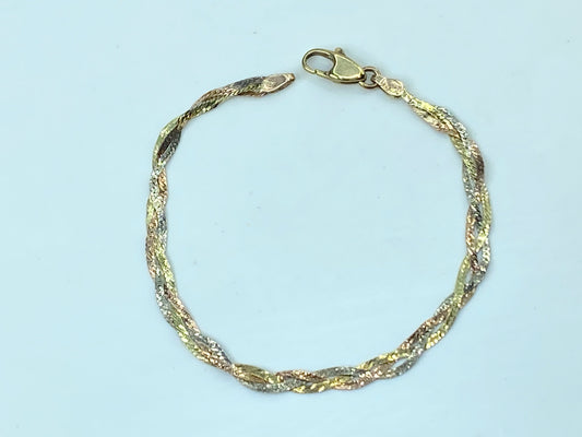 Vintage Italy Tri Color 14K yellow gold Braid Herringbone Bracelet 7" 3.2g JR928