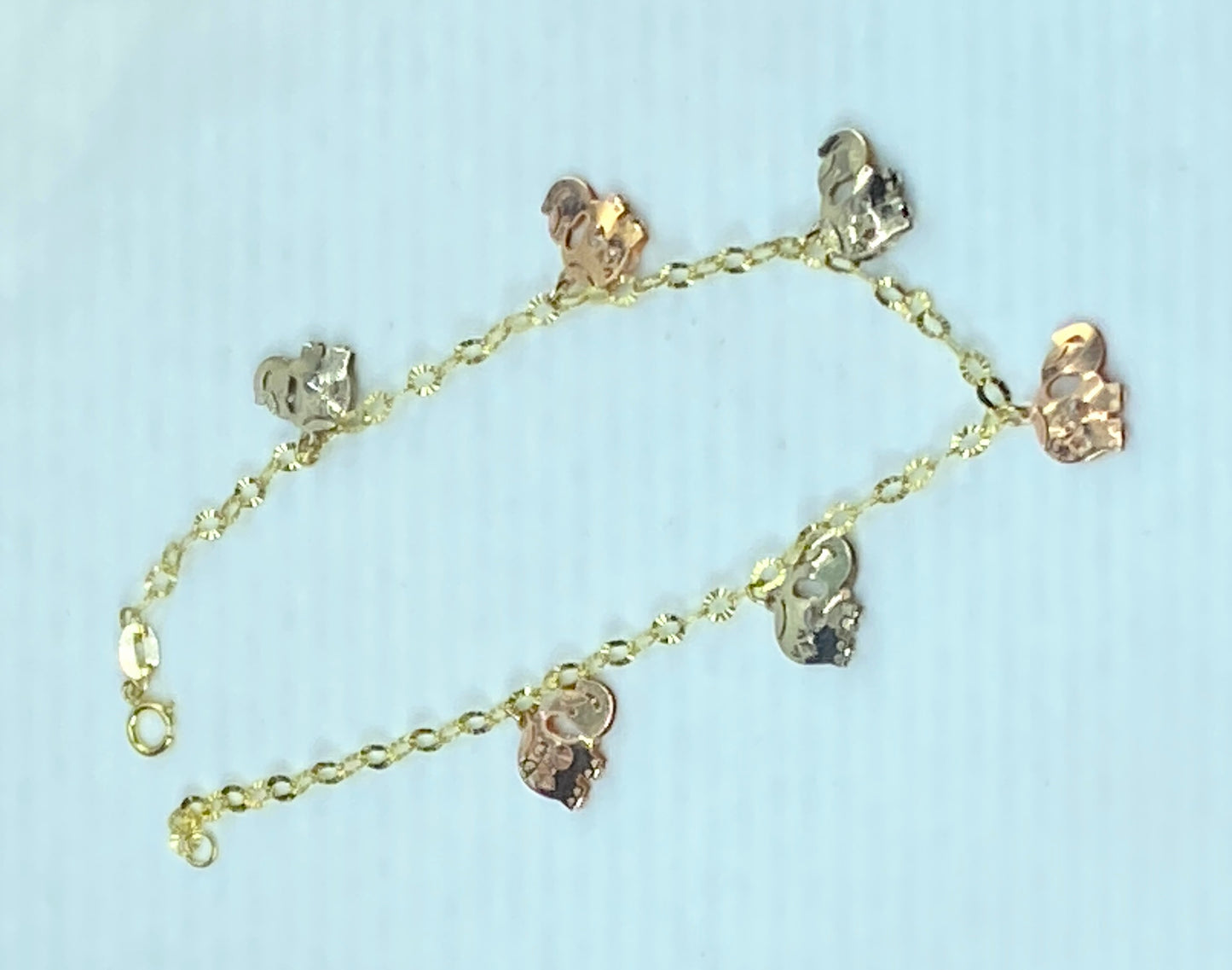 14K tri-colored Quartz Elephant charms etched anklet 9.0" 3.3g JR929