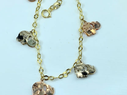 14K tri-colored Quartz Elephant charms etched anklet 9.0" 3.3g JR929