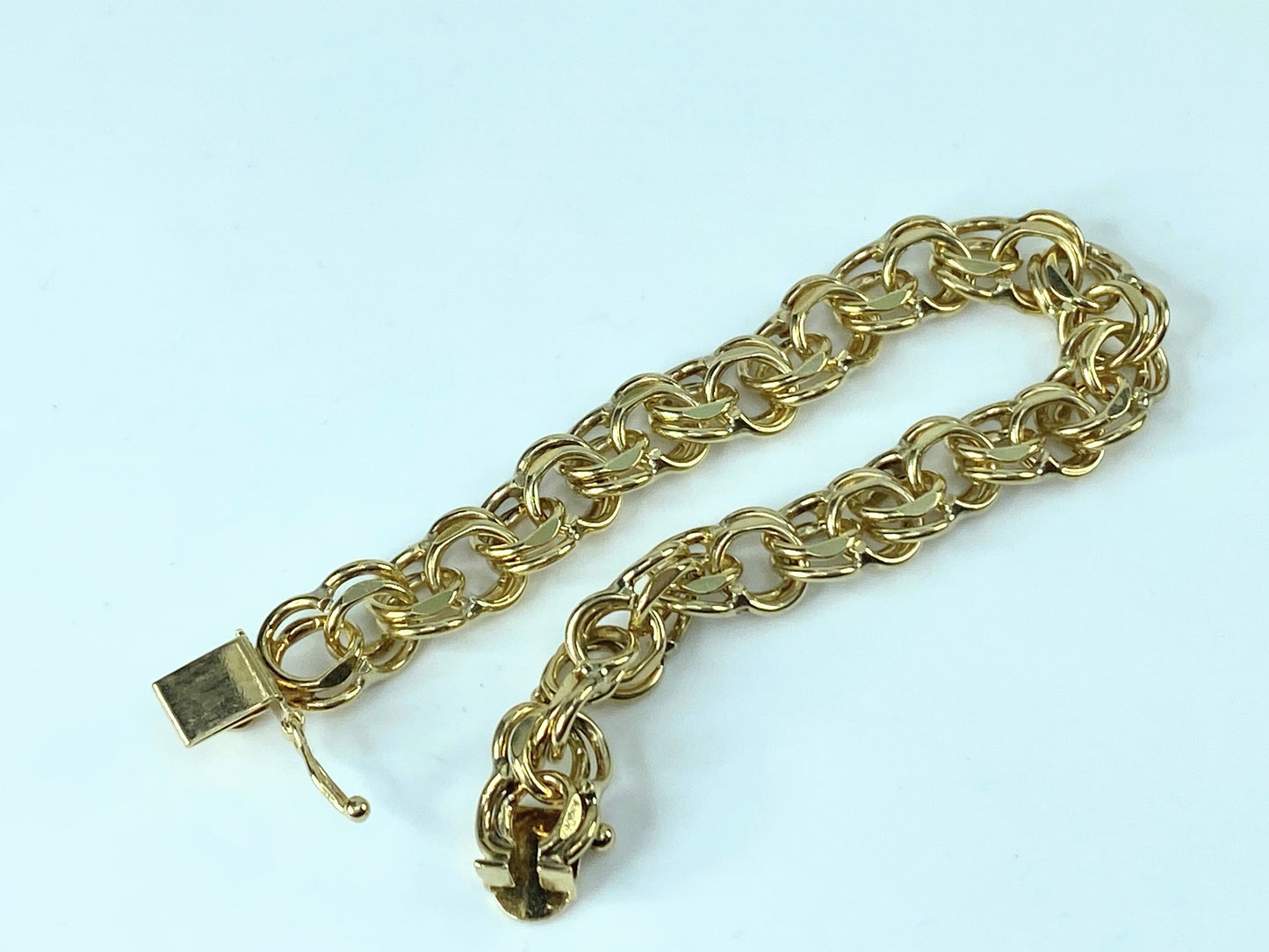 14K gold double link 10.0mm charm bracelet starter 7.5" 25.8g JR9598