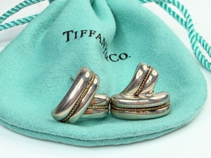 Vintage Tiffany & Co Sterling Silver 14K Gold Ribbon Earrings JR1462