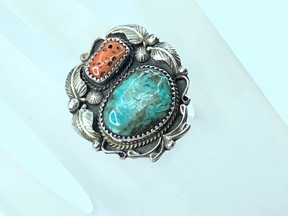 Old Pawn Nevada Turquoise & Branch Coral Ring JR9602