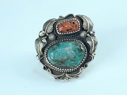 Old Pawn Nevada Turquoise & Branch Coral Ring JR9602