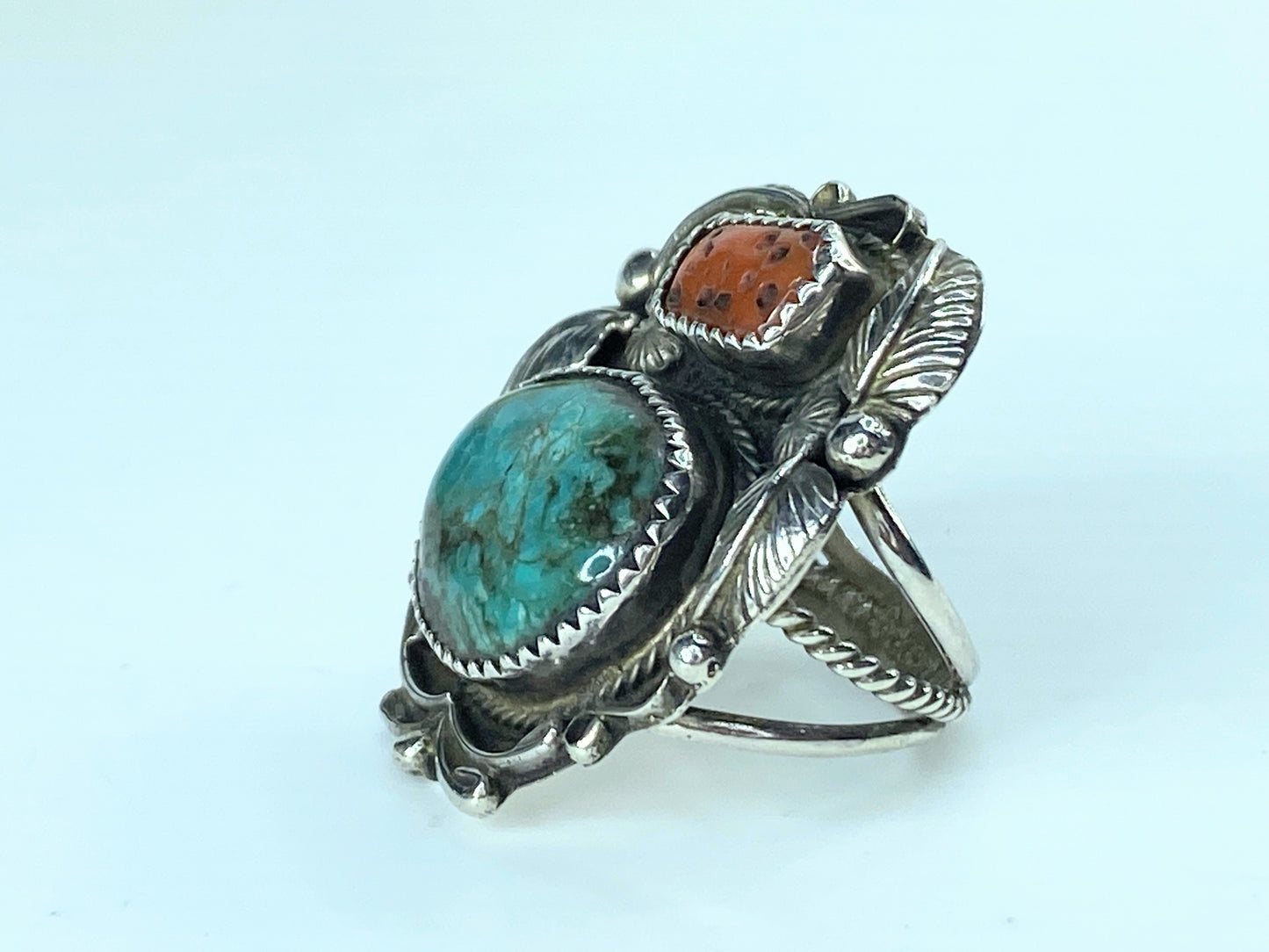 Old Pawn Nevada Turquoise & Branch Coral Ring JR9602