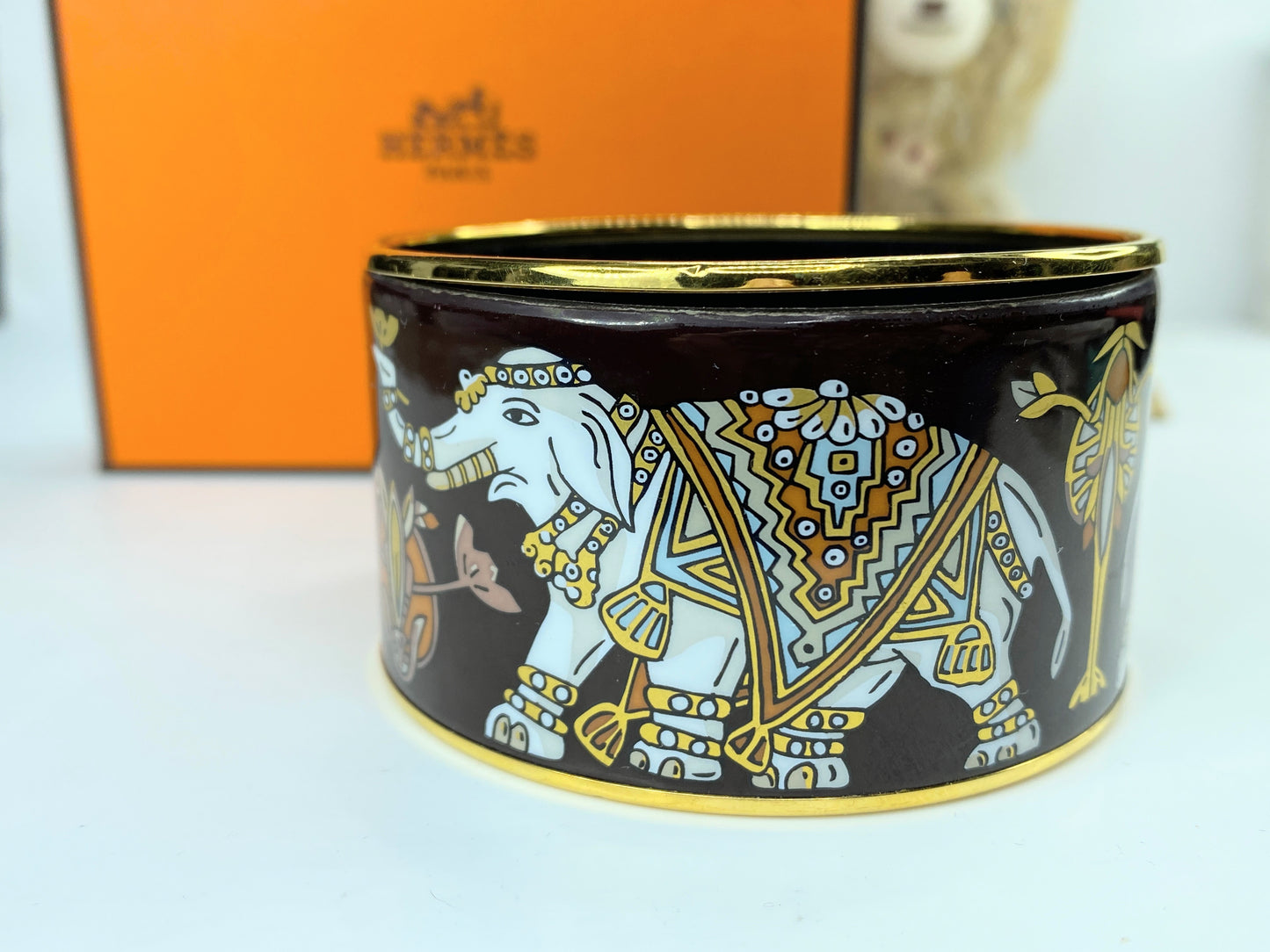 Vintage Hermes Enamel Printed Elephant Torana Extra Wide Bracelet 65 Black GS625