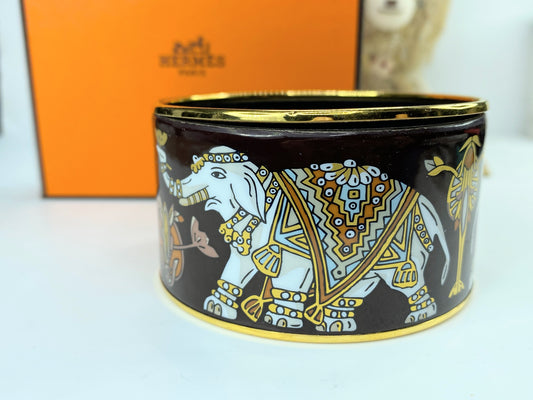 Vintage Hermes Enamel Printed Elephant Torana Extra Wide Bracelet 65 Black GS625