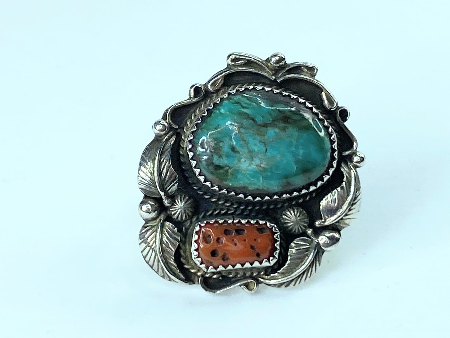 Old Pawn Nevada Turquoise & Branch Coral Ring JR9602