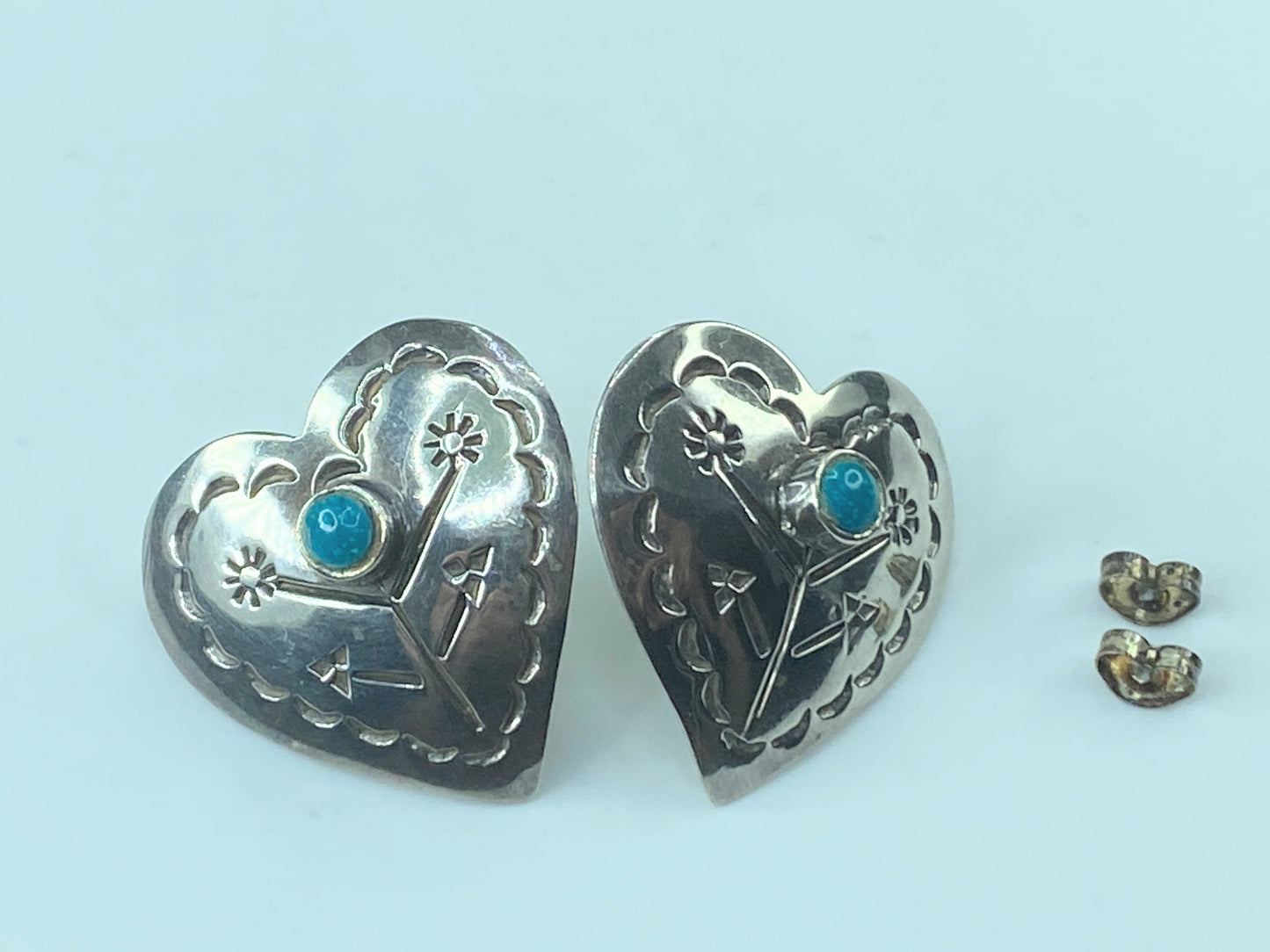 Heart Navajo Taxco sterling & turquoise handstamped post earrings handmade JR505