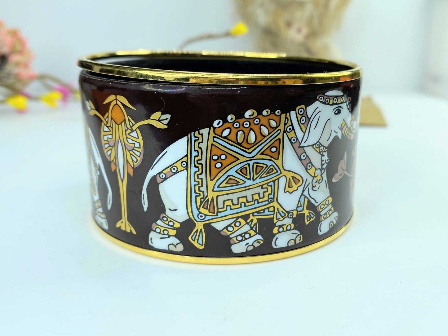 Vintage Hermes Enamel Printed Elephant Torana Extra Wide Bracelet 65 Black GS625