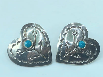 Heart Navajo Taxco sterling & turquoise handstamped post earrings handmade JR505