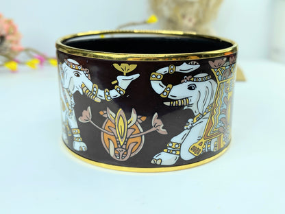 Vintage Hermes Enamel Printed Elephant Torana Extra Wide Bracelet 65 Black GS625