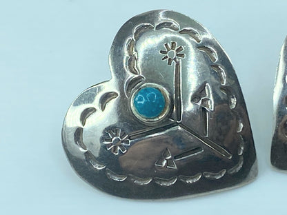Heart Navajo Taxco sterling & turquoise handstamped post earrings handmade JR505