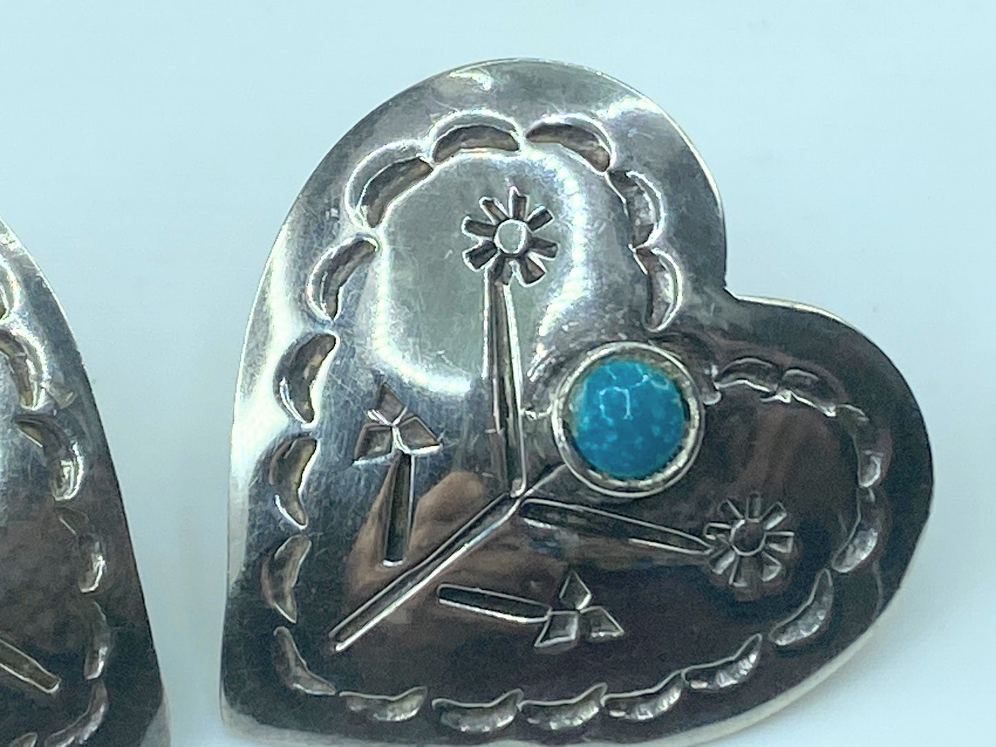 Heart Navajo Taxco sterling & turquoise handstamped post earrings handmade JR505