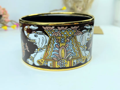 Vintage Hermes Enamel Printed Elephant Torana Extra Wide Bracelet 65 Black GS625