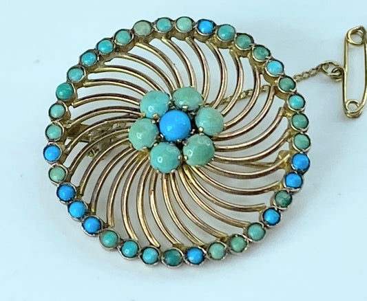 Antique 14K yellow gold Turquoise cabochon Swirl Brooch pin 1.5" 8.3g JR9604