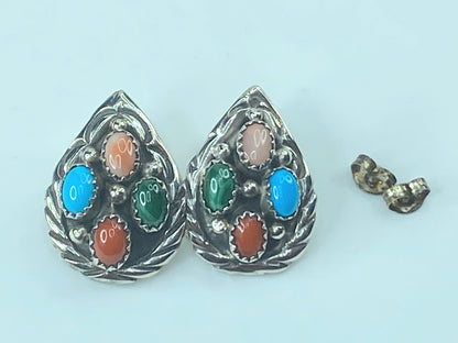 Navajo multiple Gemstones Sterling Silver Earrings 8.8g JR506