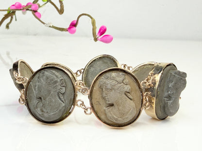 Victorian 14K Gold Lava Cameo Panel Bracelet c.1860 7"