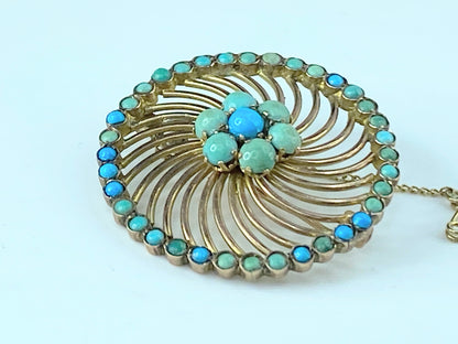 Antique 14K yellow gold Turquoise cabochon Swirl Brooch pin 1.5" 8.3g JR9604