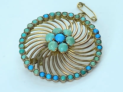 Antique 14K yellow gold Turquoise cabochon Swirl Brooch pin 1.5" 8.3g JR9604