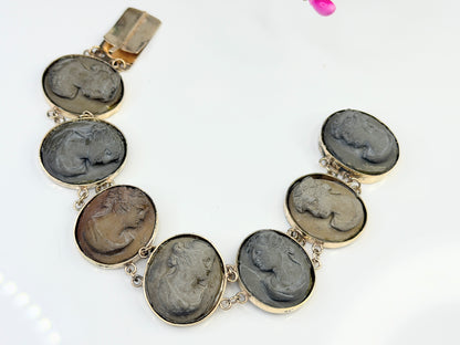 Victorian 14K Gold Lava Cameo Panel Bracelet c.1860 7"