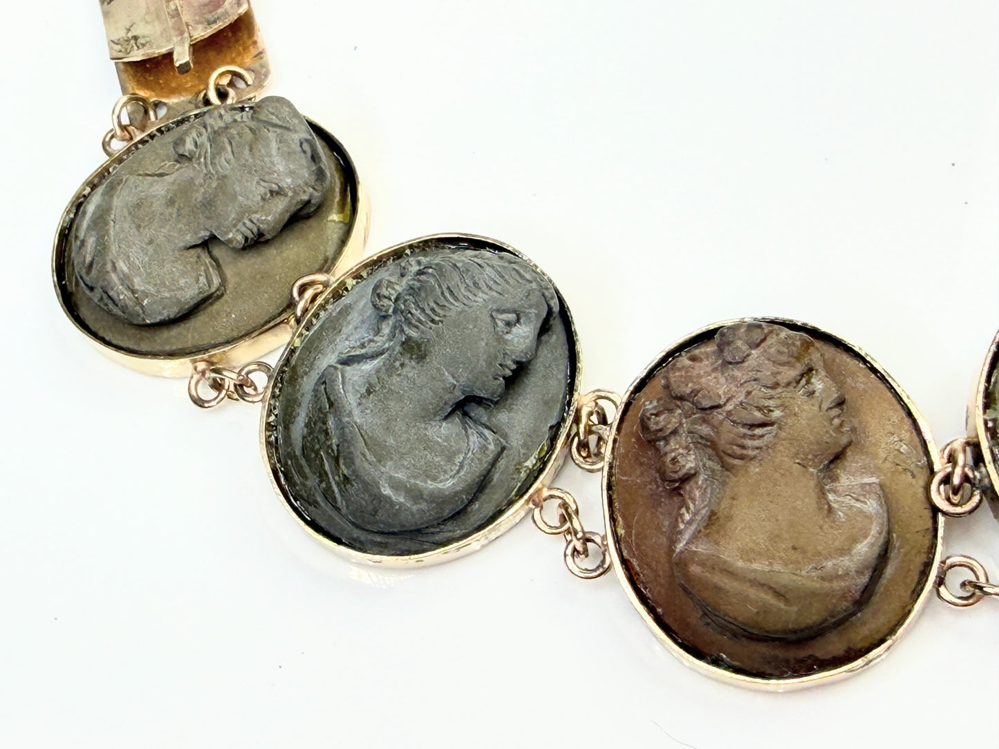Victorian 14K Gold Lava Cameo Panel Bracelet c.1860 7"