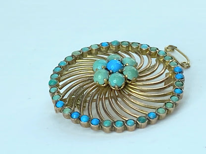 Antique 14K yellow gold Turquoise cabochon Swirl Brooch pin 1.5" 8.3g JR9604