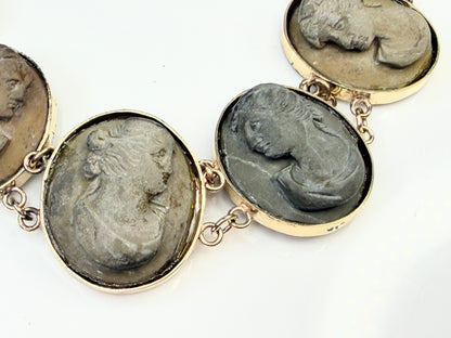 Victorian 14K Gold Lava Cameo Panel Bracelet c.1860 7"
