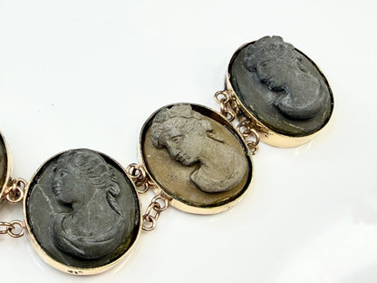 Victorian 14K Gold Lava Cameo Panel Bracelet c.1860 7"