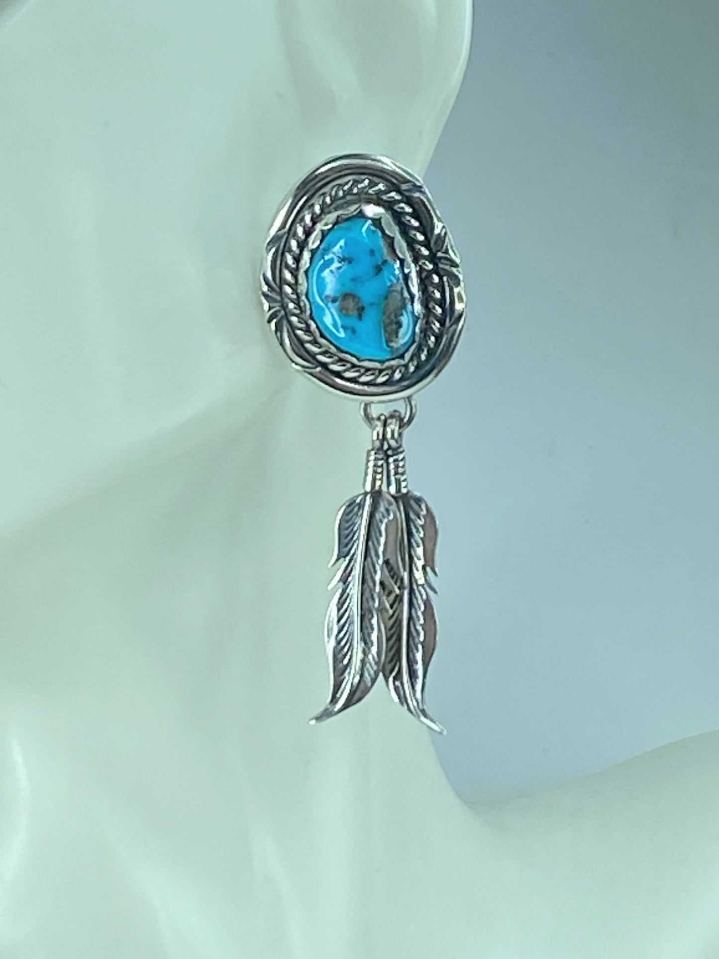 Native American Designer natural Turquoise Feather Sterling Earrings JR507