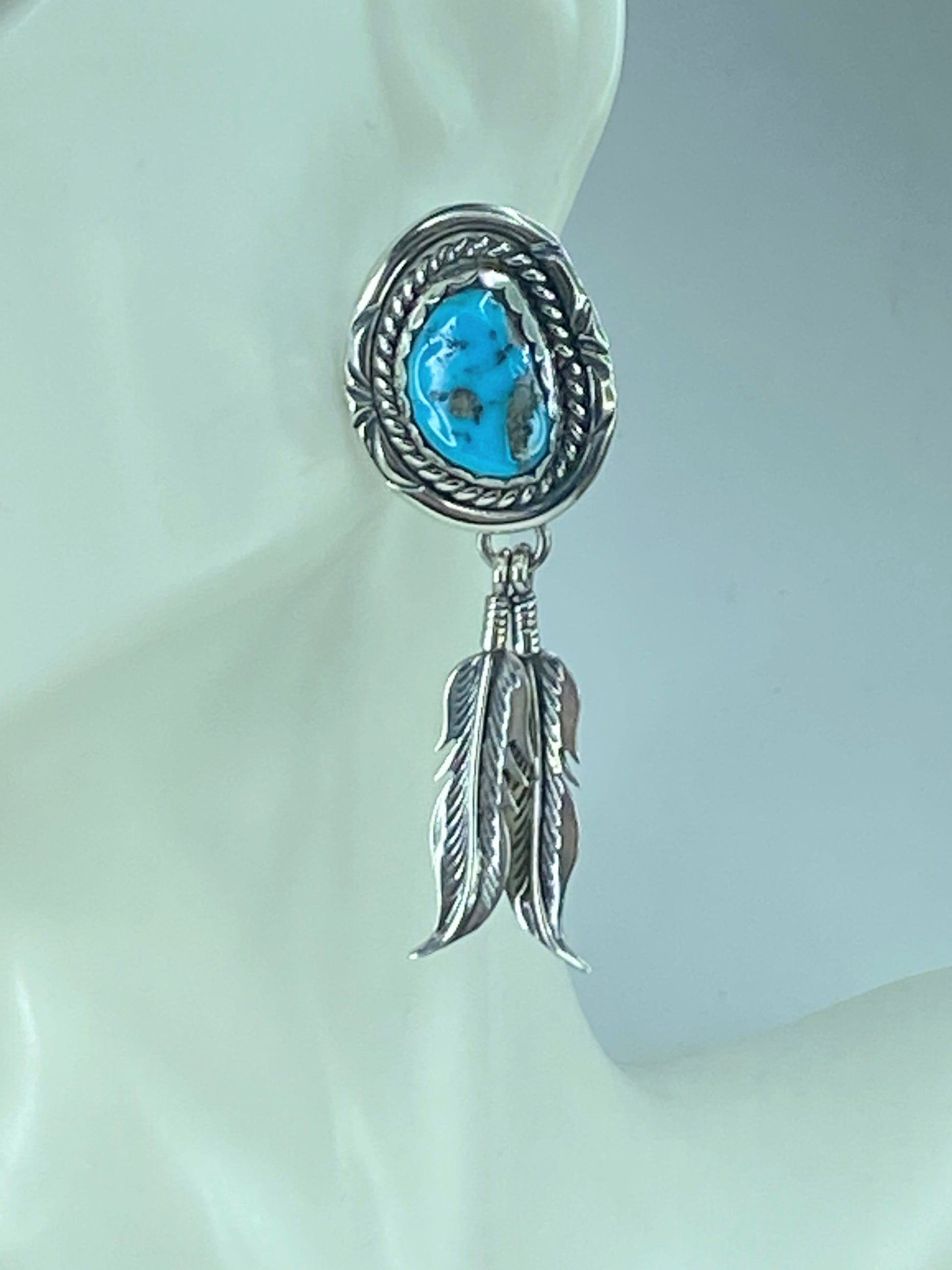 Native American Designer natural Turquoise Feather Sterling Earrings JR507