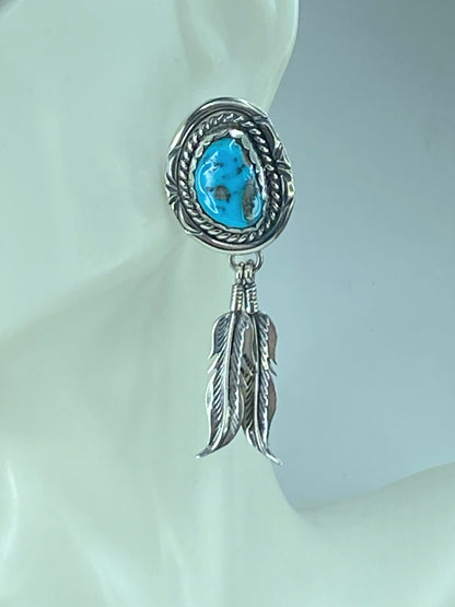 Native American Designer natural Turquoise Feather Sterling Earrings JR507