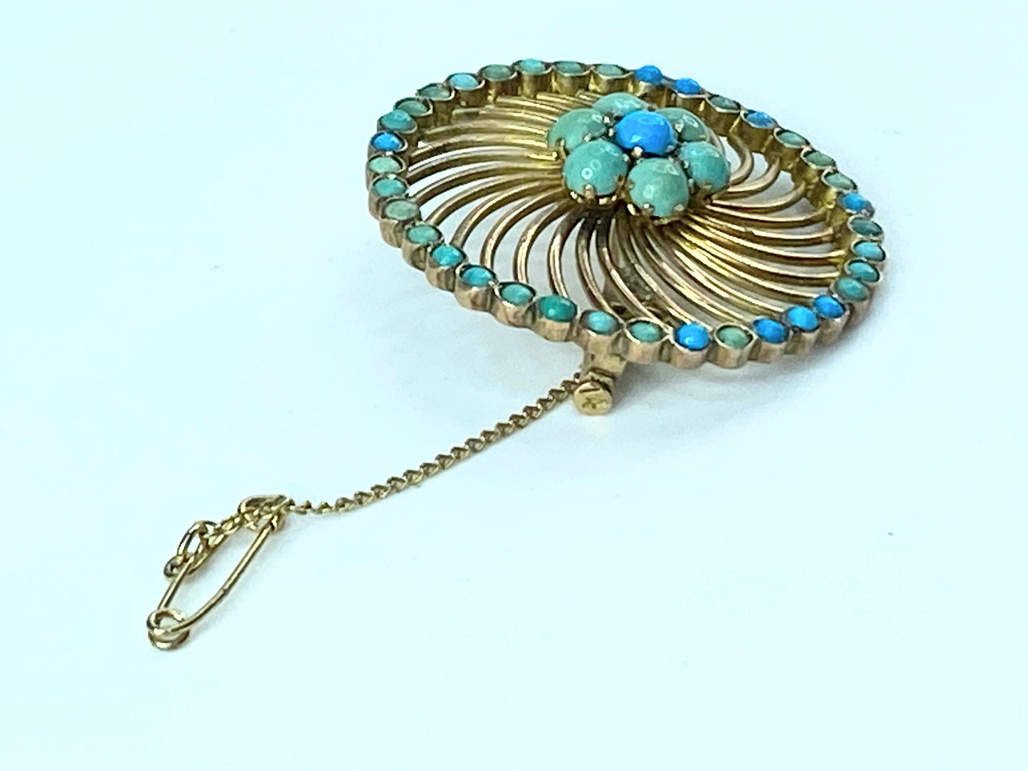 Antique 14K yellow gold Turquoise cabochon Swirl Brooch pin 1.5" 8.3g JR9604