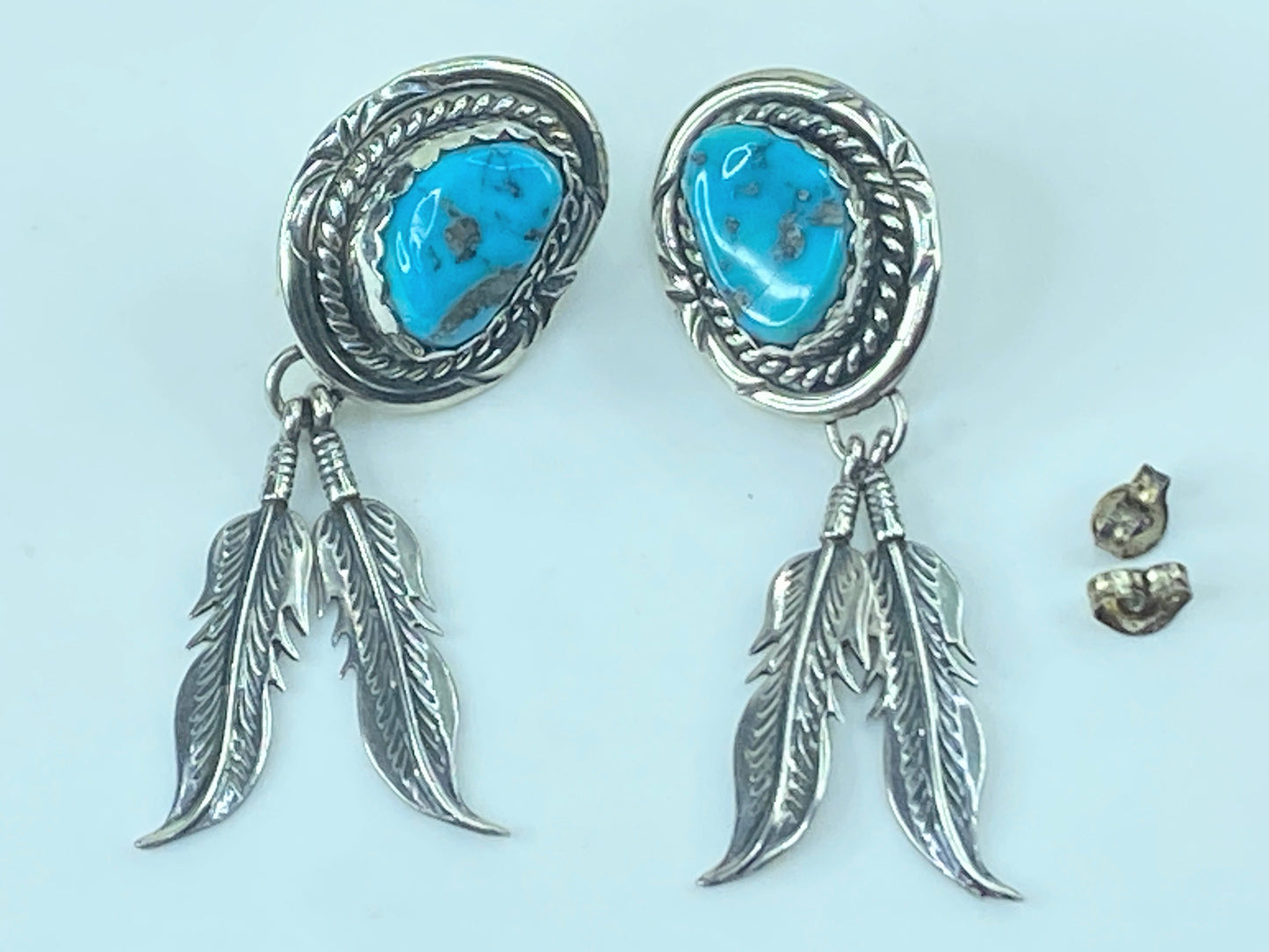 Native American Designer natural Turquoise Feather Sterling Earrings JR507