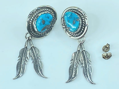Native American Designer natural Turquoise Feather Sterling Earrings JR507