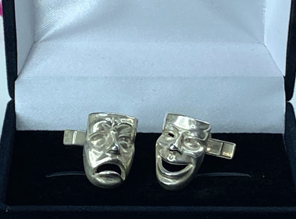 Mid Century Sterling Silver Figural Cufflinks Comedy Tragedy Masks 12.8g JR9605