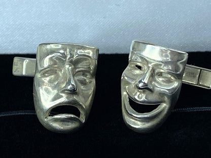 Mid Century Sterling Silver Figural Cufflinks Comedy Tragedy Masks 12.8g JR9605