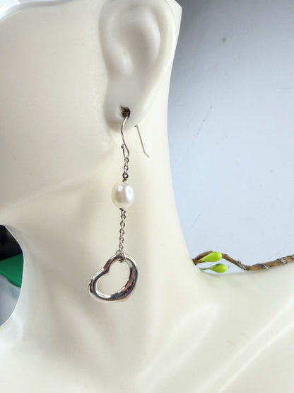Vintage Tiffany & Co Elsa Peretti Open Heart Pearl Silver Drop Earrings