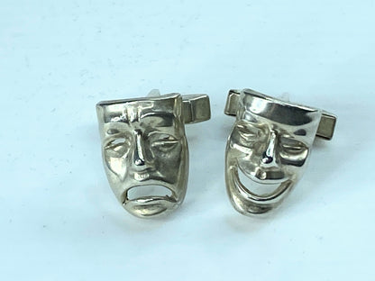 Mid Century Sterling Silver Figural Cufflinks Comedy Tragedy Masks 12.8g JR9605