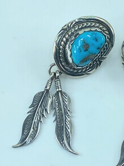 Native American Designer natural Turquoise Feather Sterling Earrings JR507