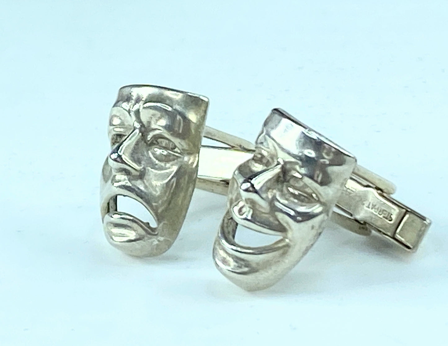 Mid Century Sterling Silver Figural Cufflinks Comedy Tragedy Masks 12.8g JR9605