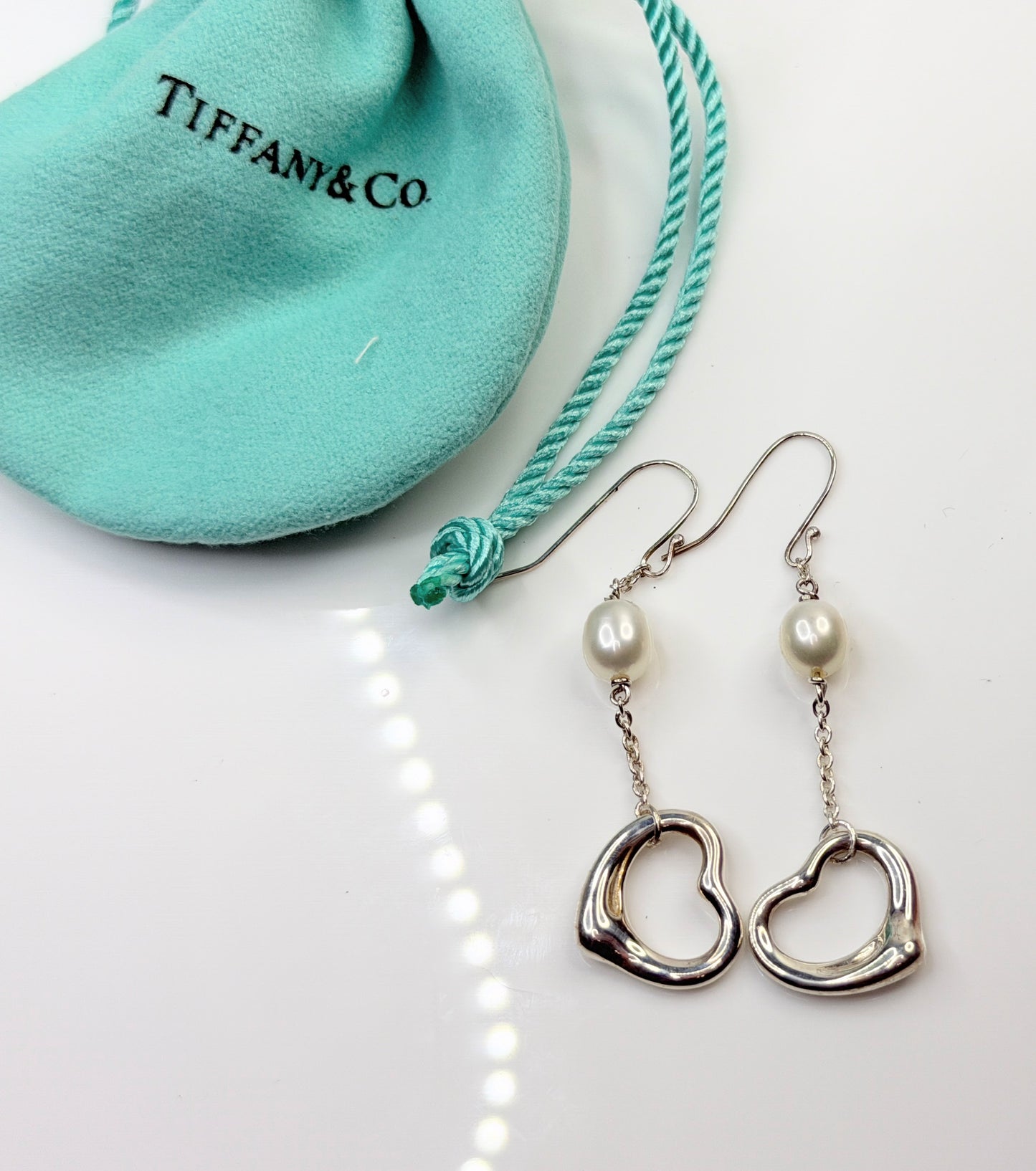 Vintage Tiffany & Co Elsa Peretti Open Heart Pearl Silver Drop Earrings