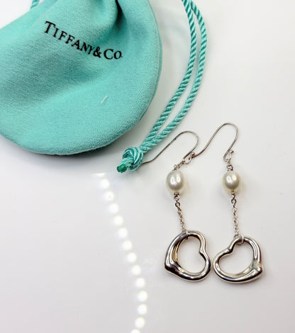 Vintage Tiffany & Co Elsa Peretti Open Heart Pearl Silver Drop Earrings