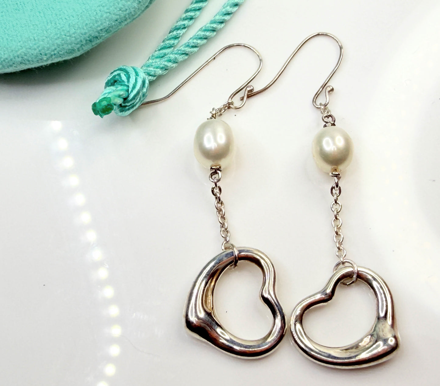Vintage Tiffany & Co Elsa Peretti Open Heart Pearl Silver Drop Earrings