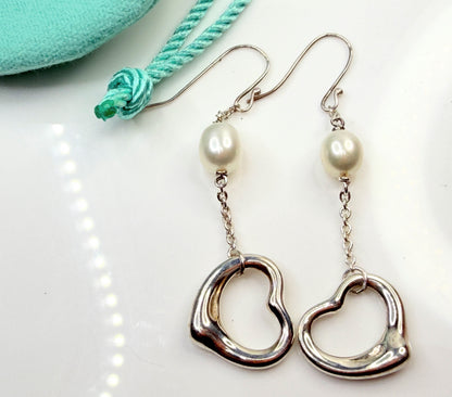 Vintage Tiffany & Co Elsa Peretti Open Heart Pearl Silver Drop Earrings
