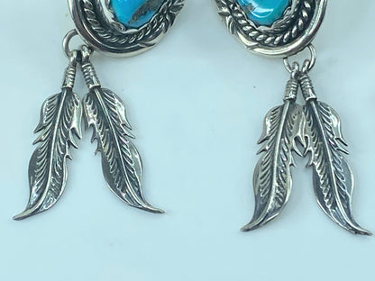 Native American Designer natural Turquoise Feather Sterling Earrings JR507
