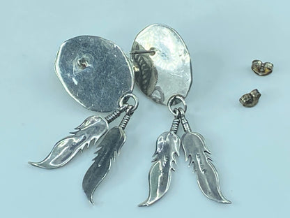 Native American Designer natural Turquoise Feather Sterling Earrings JR507