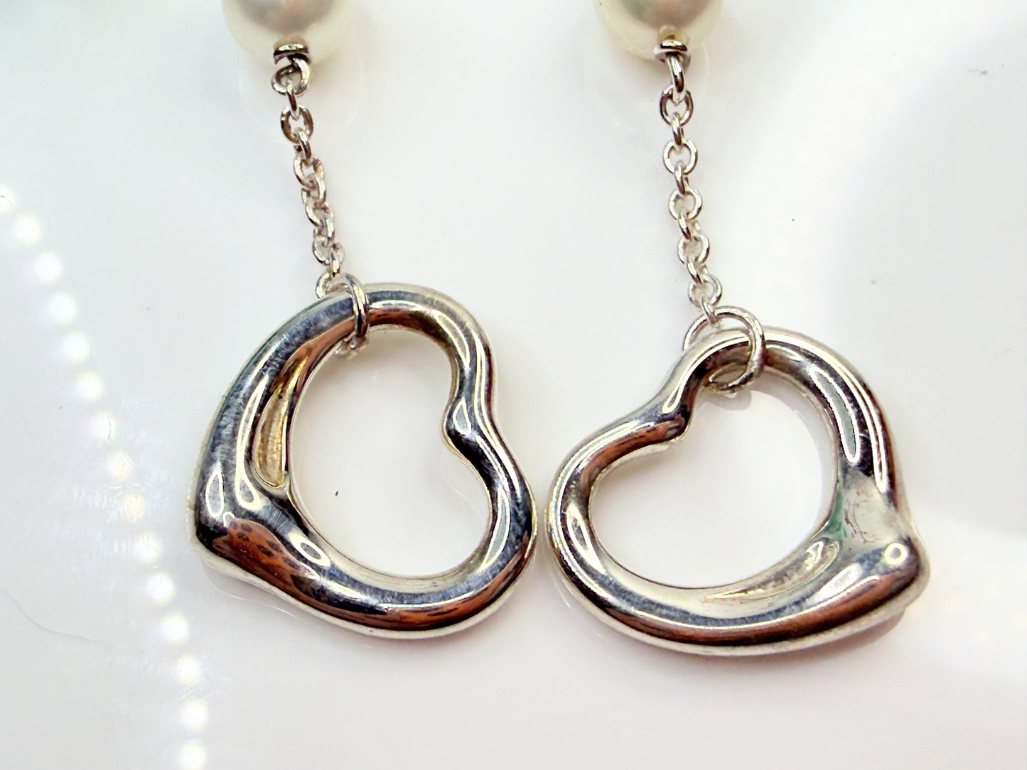 Vintage Tiffany & Co Elsa Peretti Open Heart Pearl Silver Drop Earrings