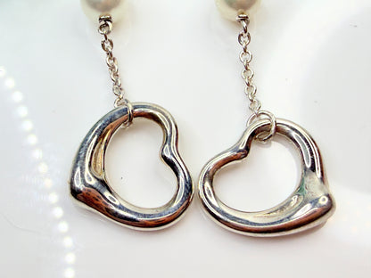 Vintage Tiffany & Co Elsa Peretti Open Heart Pearl Silver Drop Earrings