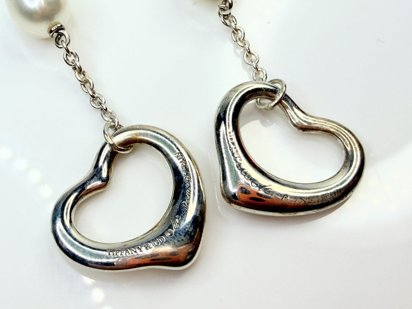 Vintage Tiffany & Co Elsa Peretti Open Heart Pearl Silver Drop Earrings