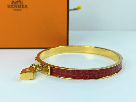 Vintage Hermes Epsom Kelly Lock Cadena Bracelet Rouge Casaque s8.25 GS628